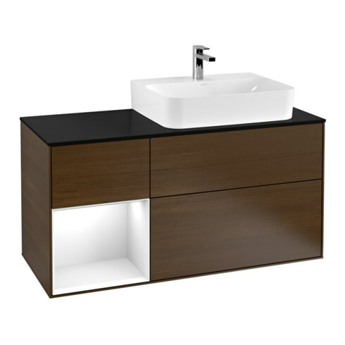 V&B Meuble sous lavabo Plaque de couverture bleu clair Finion 120 cm, étagère gauche blanc brillant, placage noyer