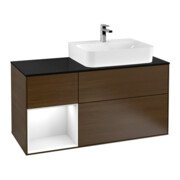 V&B Meuble sous lavabo Plaque de couverture bleu clair Finion 120 cm, étagère gauche blanc brillant, placage noyer