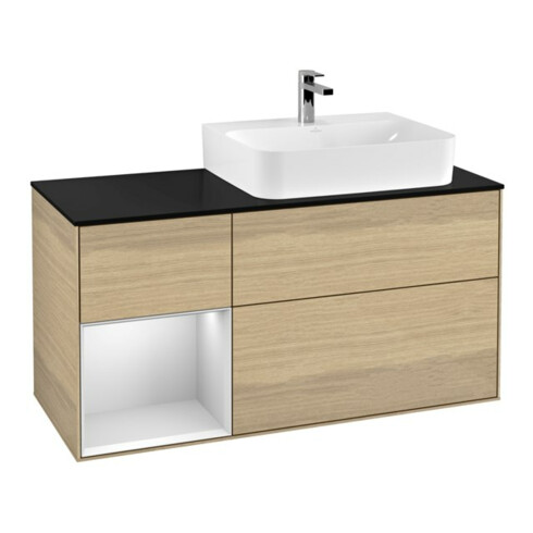 V&B Meuble sous lavabo Plaque de recouvrement bleu brillant Finion 120 cm, étagère gauche blanc laqué, placage chêne