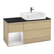 V&B Meuble sous lavabo Plaque de recouvrement bleu brillant Finion 120 cm, étagère gauche blanc laqué, placage chêne