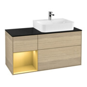 V&B Meuble sous lavabo Plaque de recouvrement bleu brillant Finion 120 cm, étagère gauche or mat, placage chêne