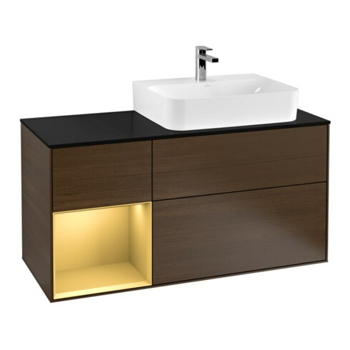 V&B Meuble sous lavabo Plaque de recouvrement Bleu brillant Finion 120 cm, Étagère gauche Or mat, Placage noyer