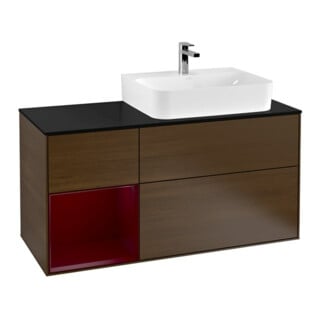 V&B Meuble sous lavabo Plaque de recouvrement Bleu brillant Finion 120 cm, Étagère gauche Peony, Placage noyer