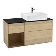 V&B Meuble sous lavabo Plaque de recouvrement bleu brillant Finion 120 cm, étagère gauche Placage noyer, placage chêne