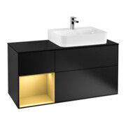 V&B Meuble sous lavabo Plaque de recouvrement bleu brillant Finion 120cm, étagère gauche gol, laque noire mate