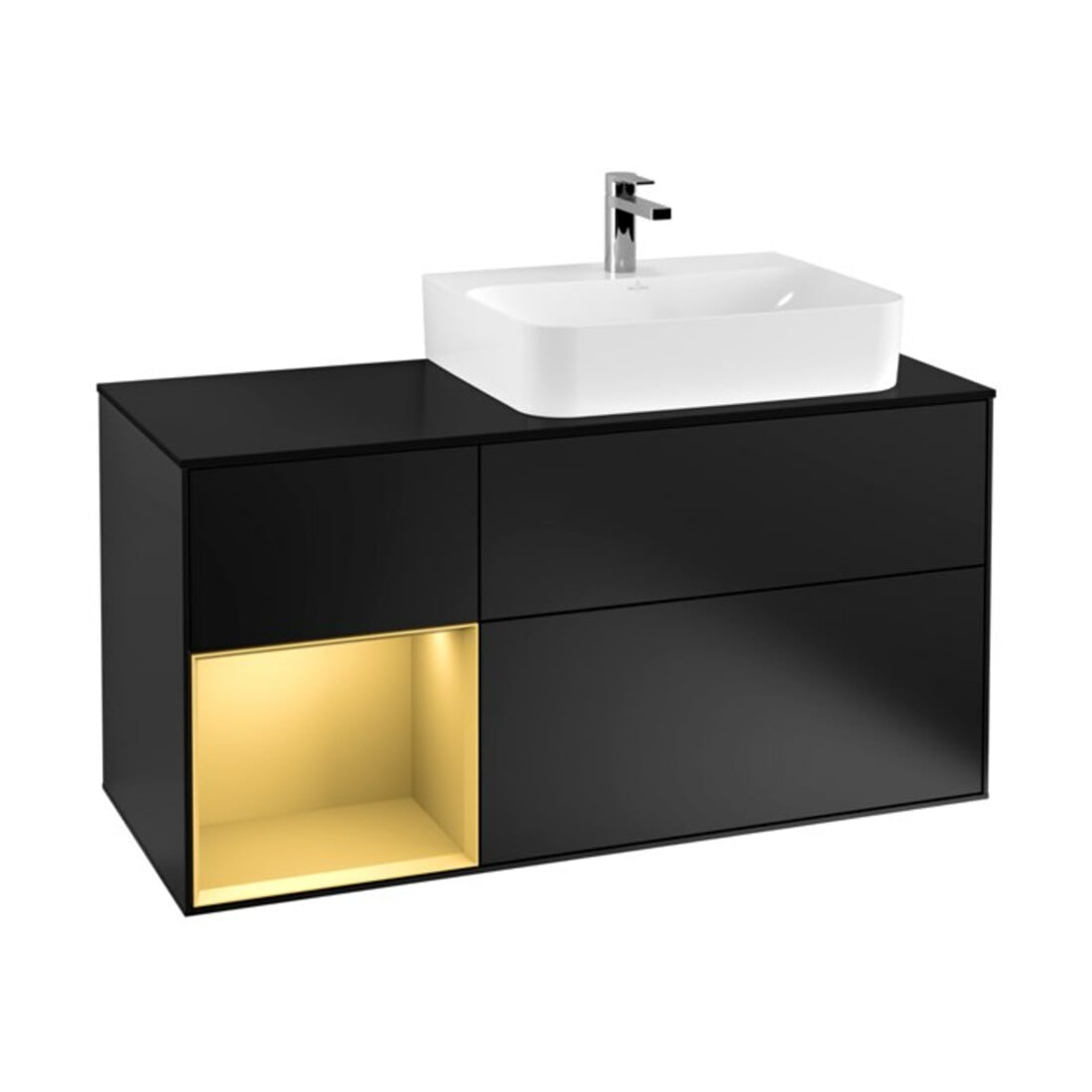 V&B Meuble sous lavabo Plaque de recouvrement bleu brillant Finion 120cm, étagère gauche gol, laque noire mate