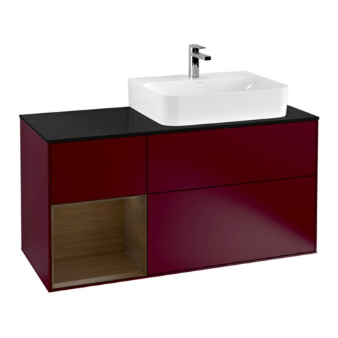 V&B Meuble sous lavabo Plaque de recouvrement Bleu brillant Finion 120cm, étagère gauche, placage noyer, Pivoine mat