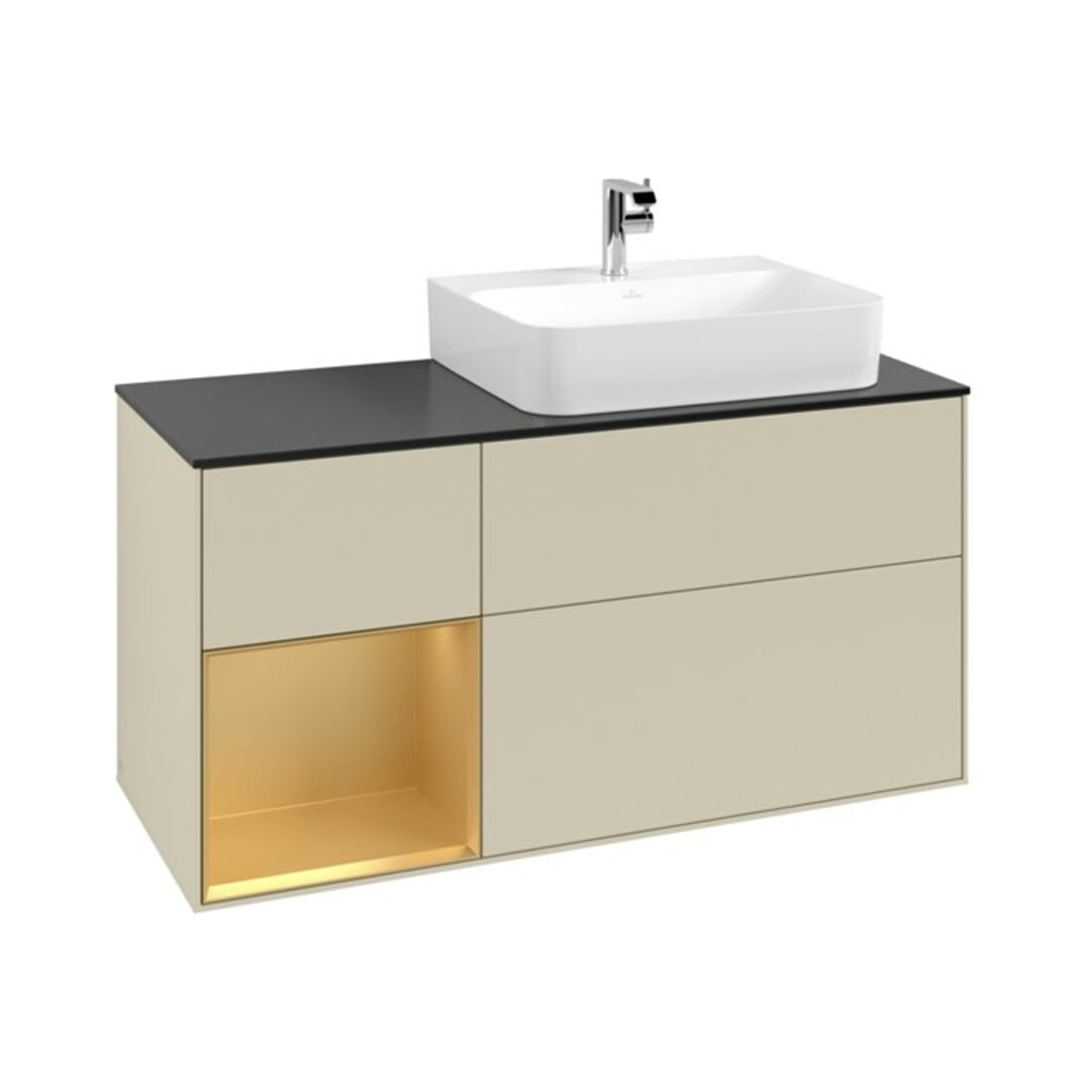 V&B Meuble sous lavabo Plaque de recouvrement Bleu brillant Finion 120cm, étagère gauche verre mat laqué