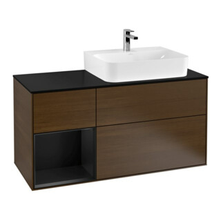 V&B Meuble sous lavabo Plaque de recouvrement Bleu brillant m Finion 120cm, Étagère gauche bleu m Lac, placage noyer