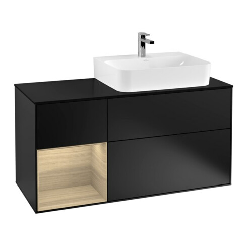V&B Meuble sous lavabo Plaque de recouvrement Bleu brillant m Finion 120cm, étagère gauche Oa ven, laqué noir mat