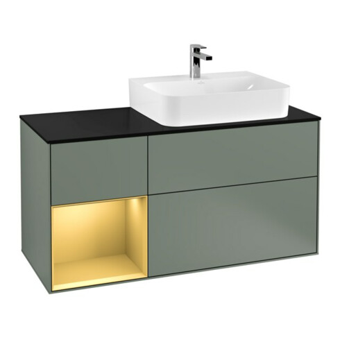 V&B Meuble sous-lavabo Plaque de recouvrement bleu clair avec Finion 120 cm, étagère gauche, laque mate olive