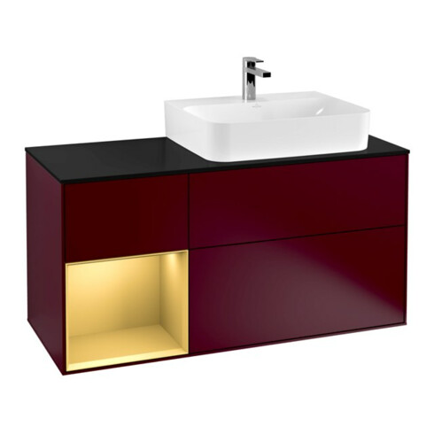 V&B Meuble sous lavabo Plaque de recouvrement Bleu clair Finion 120 cm, Étagère gauche Or mat, Peony mat