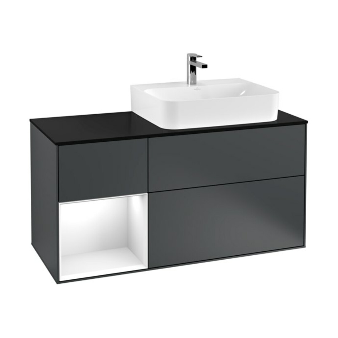 V&B Meuble sous lavabo Plaque de recouvrement Bleu glacé avec Finion 120cm, Étagère gauche blanc brillant, Bleu moyen brillant