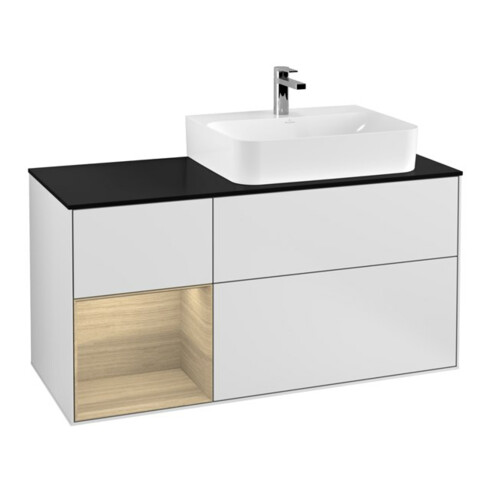 V&B Meuble sous lavabo Plaque de recouvrement bleu glacé Finion 120 cm, étagère gauche, laque mate blanche