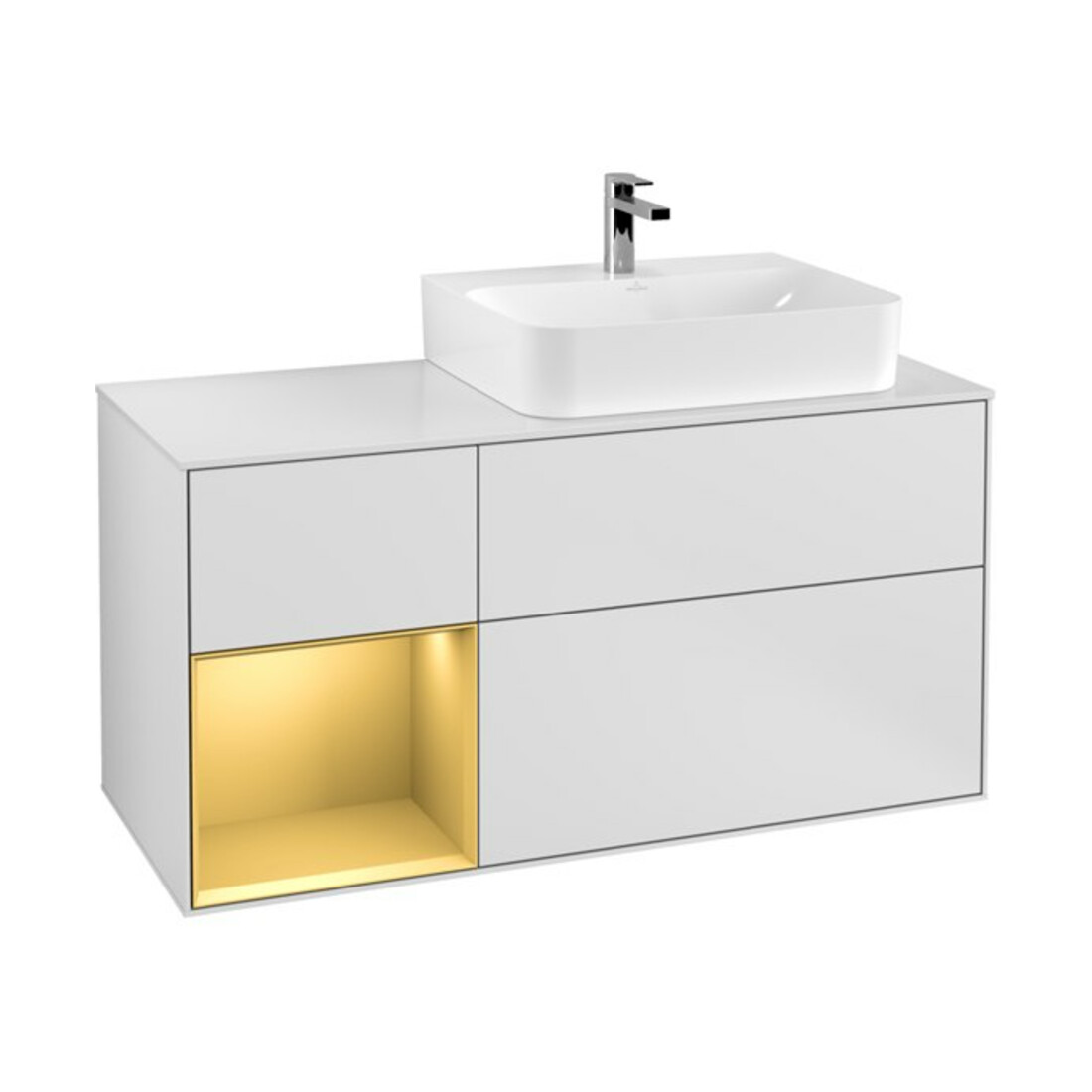 V&B Meuble sous lavabo Plaque de recouvrement Gl. bl. avec Finion 120 cm, étagère gauche gol m, laque mate blanche