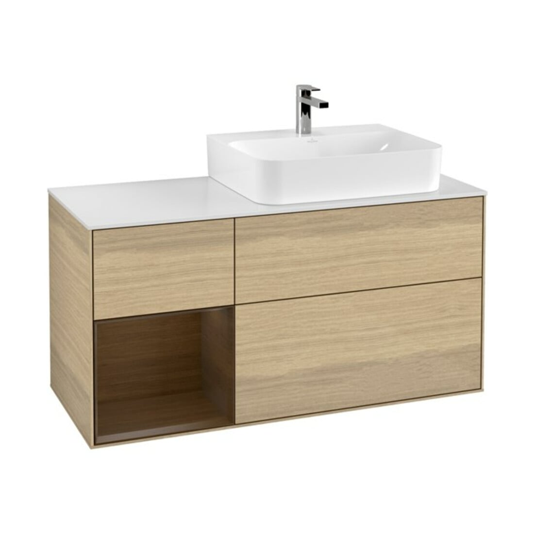 V&B Meuble sous lavabo Plaque de recouvrement Gl. bl. avec Finion 120 cm, étagère gauche, placage noyer, placage chêne