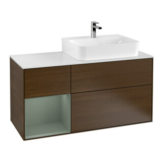 V&B Meuble sous lavabo Plaque de recouvrement Gl. bl. avec Finion 120cm, étag. g. Oli. avec laque, placage noyer