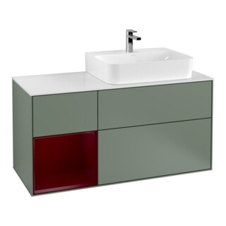 V&B Meuble sous lavabo Plaque de recouvrement Gl. bl. avec Finion 120cm, étagère g. Peony, laque mate Olive