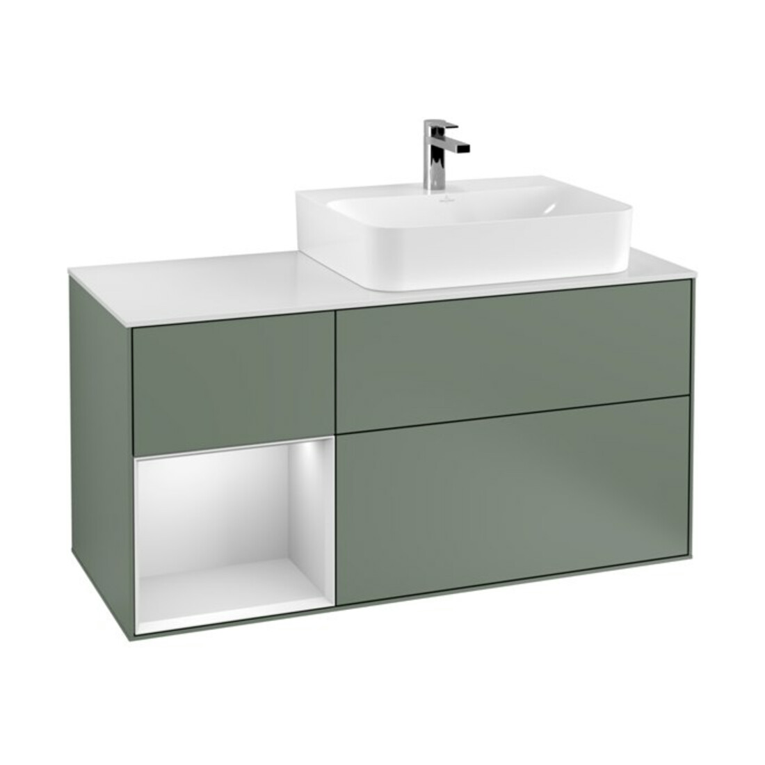 V&B Meuble sous lavabo Plaque de recouvrement Gl. blanc avec Finion 120 cm, étagère gauche blanc avec laque, huile avec laque