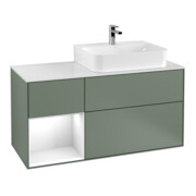 V&B Meuble sous lavabo Plaque de recouvrement Gl. blanc avec Finion 120 cm, étagère gauche blanc brillant laqué, poignée métal laqué