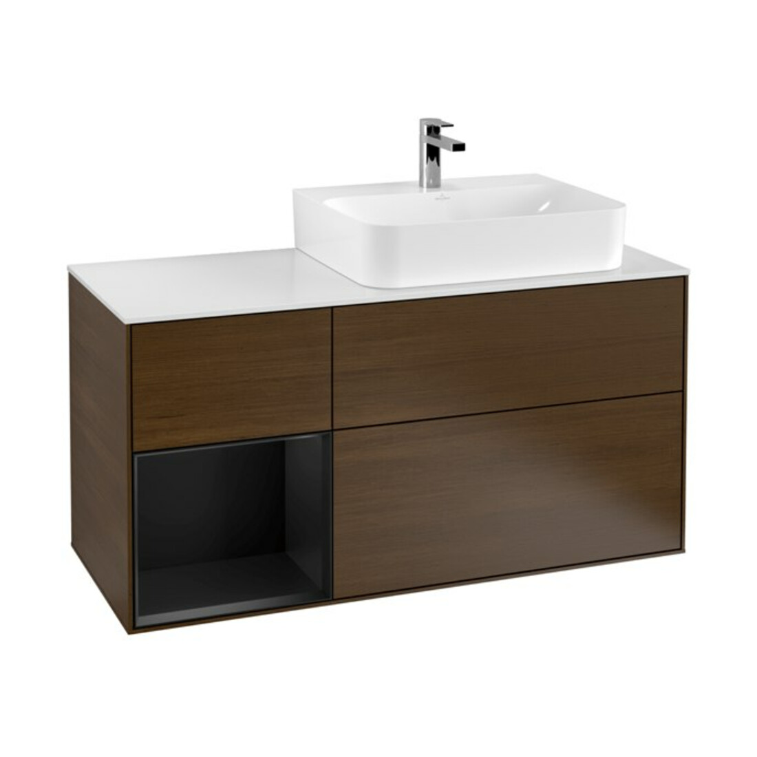 V&B Meuble sous lavabo Plaque de recouvrement Gl. blanc avec Finion 120 cm, étagère gauche bleu avec laque, placage noyer