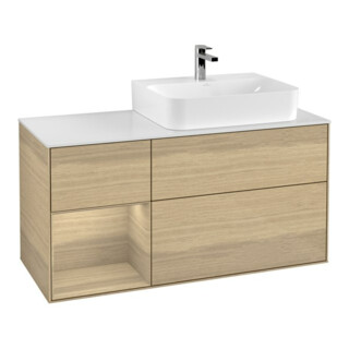 V&B Meuble sous lavabo Plaque de recouvrement Gl. blanc avec Finion 120 cm, étagère gauche Placage chêne, Placage chêne