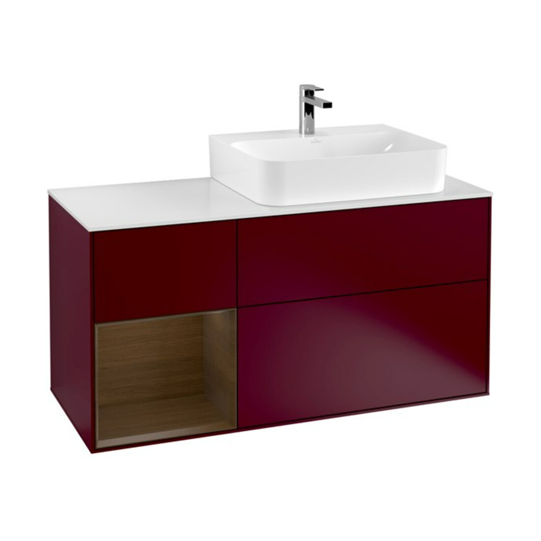 V&B Meuble sous lavabo Plaque de recouvrement Gl. blanc avec Finion 120 cm, étagère gauche placage noyer, Pivoine mat