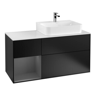 V&B Meuble sous lavabo Plaque de recouvrement Gl. blanc avec Finion 120 cm, tiroir gauche Anthracite, poignée bleue laquée