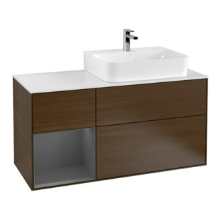 V&B Meuble sous lavabo Plaque de recouvrement Gl. blanc avec Finion 120cm, étagère gauche Anthracite, placage noyer