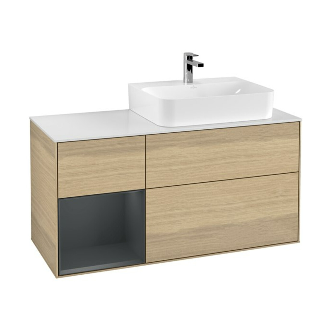 V&B Meuble sous lavabo Plaque de recouvrement Gl. blanc avec Finion 120cm, étagère gauche avec tiroir et façade en placage chêne