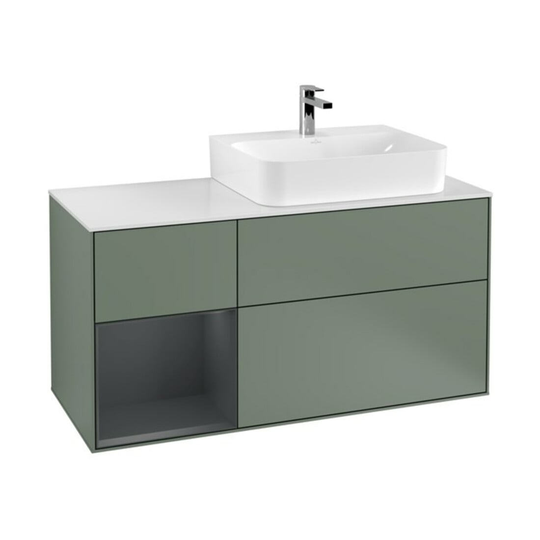 V&B Meuble sous lavabo Plaque de recouvrement Gl. blanc avec Finion 120cm, étagère gauche avec tiroir laqué, huile laqué