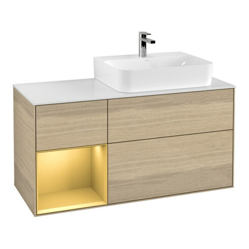 V&B Meuble sous lavabo Plaque de recouvrement Gl. blanc avec Finion 120cm, étagère gauche or mat, placage chêne