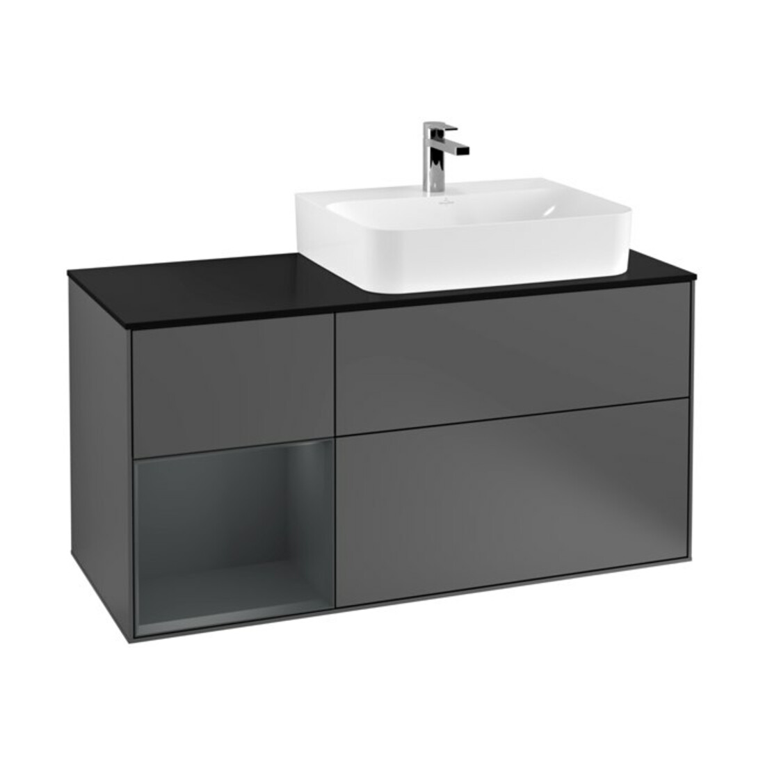 V&B Meuble sous lavabo Plaque recouv. Verre bleu avec Finion 120 cm, étag. g. avec lacque, anthracite m
