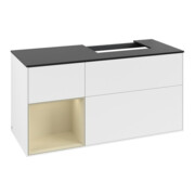 V&B Meuble sous lavabo Plaque recouvrement bleu brillant Finion 120cm, étagère gauche, surface moyenne, laqué blanc