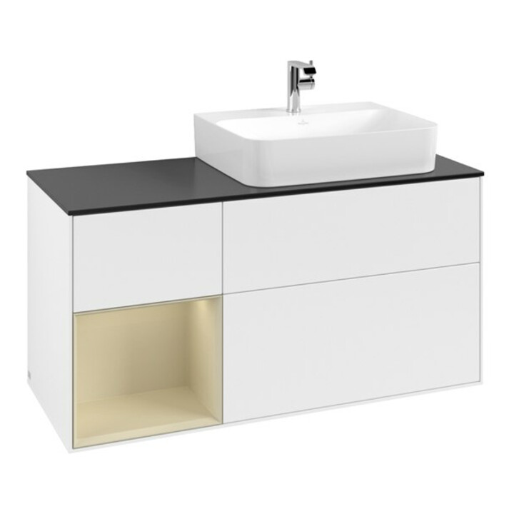 V&B Meuble sous lavabo Plaque recouvrement bleu brillant Finion 120cm, étagère gauche, surface moyenne, laqué blanc