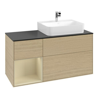 V&B Meuble sous-lavabo Plaque recouvrement bleu clair Finion 120 cm, étagère gauche, largeur moyenne, placage chêne