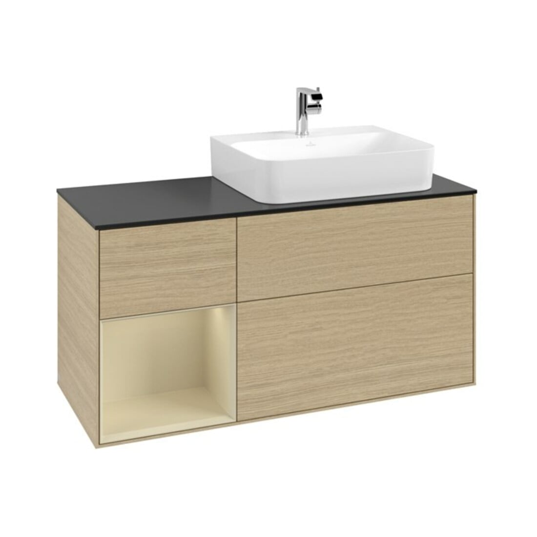 V&B Meuble sous-lavabo Plaque recouvrement bleu clair Finion 120 cm, étagère gauche, largeur moyenne, placage chêne