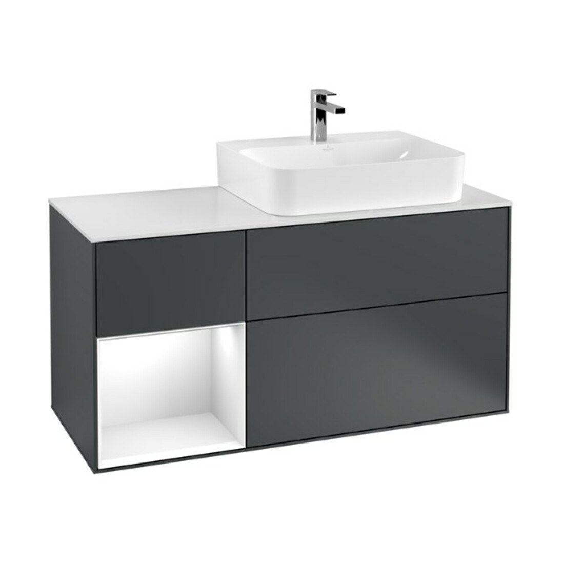 V&B Meuble sous lavabo Plaque recouvrement Gl. blanc avec Finion 120cm, étagère gauche blanc brillant, médium bleu mat