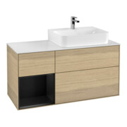 V&B Meuble sous lavabo Plateau Blanc brillant avec Finion 120 cm, étagère gauche bleu avec laque, placage chêne