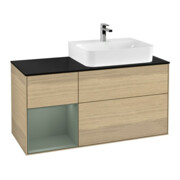 V&B Meuble sous lavabo Plinthe verre bleu m Finion 120cm, étag. g. huile m Laqué, placage chêne