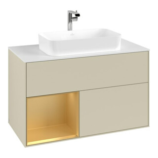 V&B Meuble sous vasque avec plan de travail blanc Finion 100x60,3cm, étagère gauche, poignée argent, laqué mat