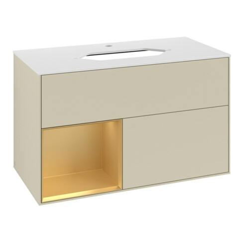 V&B Meuble sous vasque avec plan de travail blanc Finion 100x60,3cm, étagère gauche, poignée argent, laqué mat