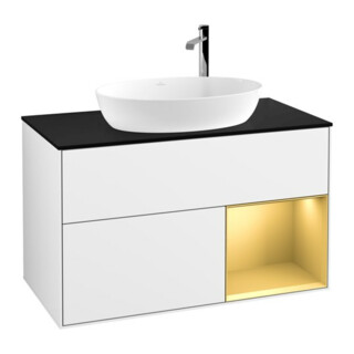 V&B Meuble sous vasque Finion 100, blanc mat, poignée or mat, laqué blanc brillant