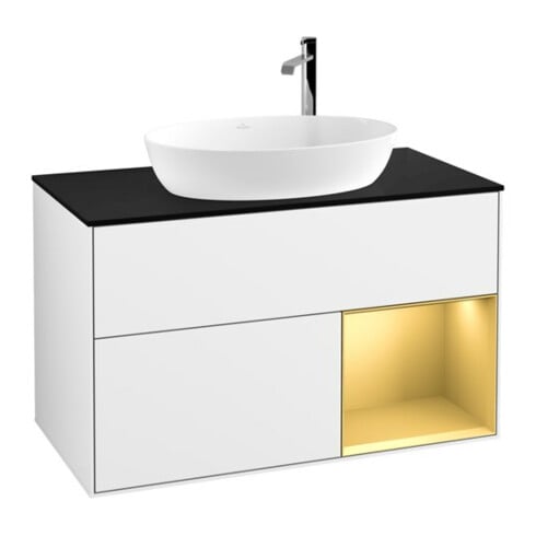 V&B Meuble sous vasque Finion 100, blanc mat, poignée or mat, laqué blanc brillant
