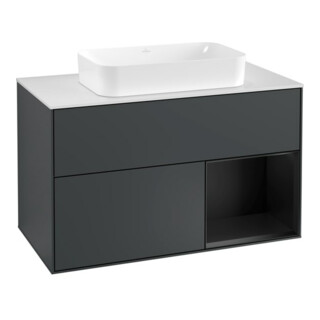 V&B Meuble sous-vasque Finion 100, blanc mat, poignée rouge bordeaux mat laqué, miroir blanc mat laqué