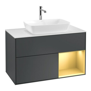 V&B Meuble sous-vasque Finion 100, blanc mat, rangement doré mat laqué, médium bleu mat laqué