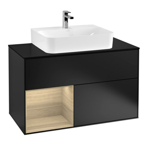 V&B Meuble sous-vasque Finion 100, blanc mat, tiroir gauche, poignée bleue mat