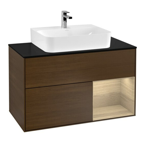 V&B Meuble sous-vasque Finion 100, bleu, porte droite, chêne moyen veinée