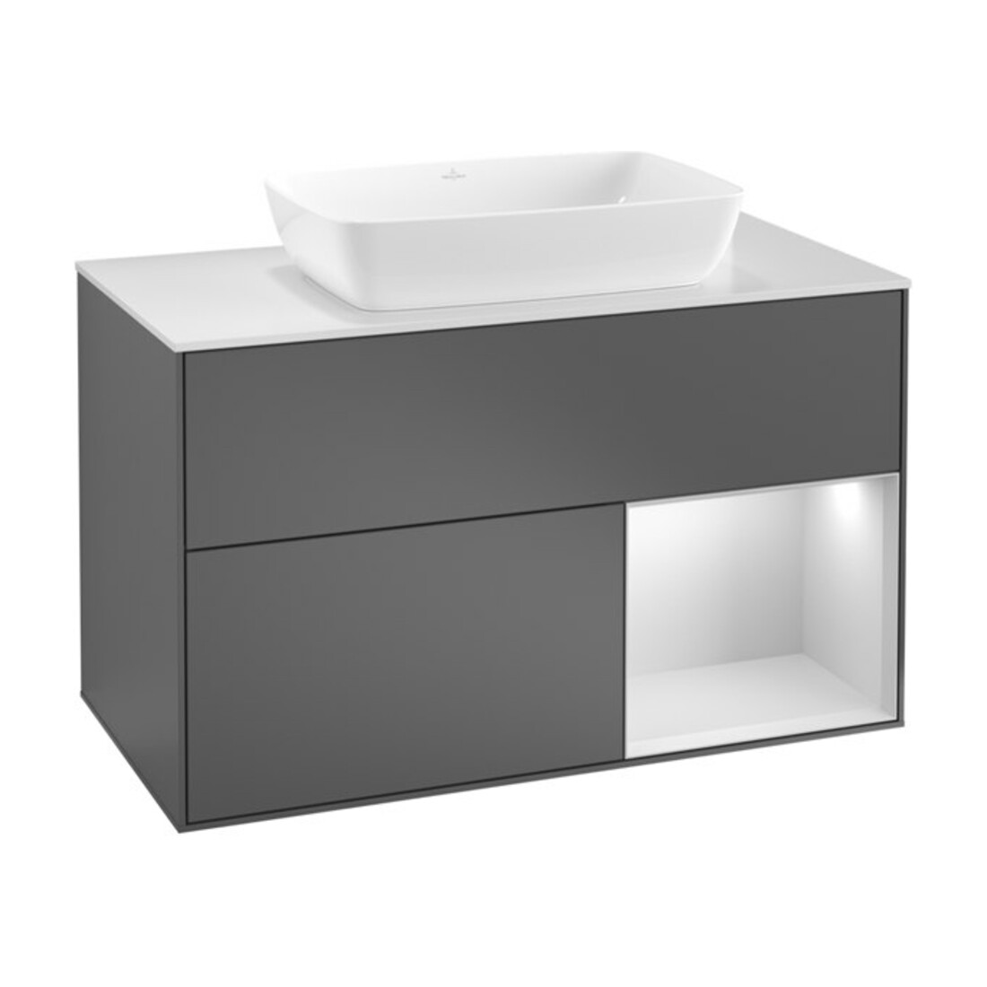 V&B Meuble sous-vasque Finion 100, éclairage mural, blanc mat, réglette bleue mat laquée, gris mat laqué