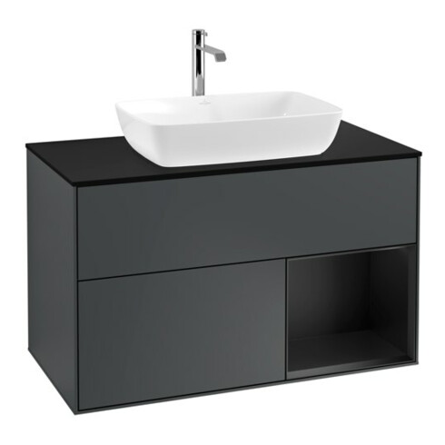 V&B Meuble sous-vasque Finion 100, placage bois mat, rangement blanc mat laqué, médian blanc mat laqué